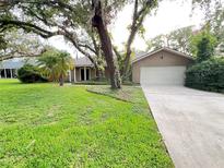 Charming single-story home featuring mature trees, green lawn, and an attached two-car garage at 3907 Applegate Cir, Brandon, FL 33511