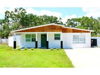 Charming single-story home with a well-maintained lawn, white paint, and a wood-accented roof and green front door at 8817 Audrey Ln, Tampa, FL 33615