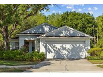 Charming single-story home featuring lush landscaping, a two-car garage, and a well-maintained lawn at 26306 Whirlaway Ter, Wesley Chapel, FL 33544