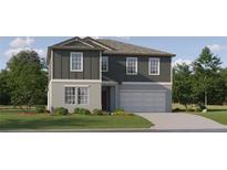 Charming two-story home featuring a gray color scheme, manicured lawn, and attached two car garage at 3716 Forest Path Dr, Plant City, FL 33565