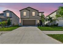 Two-story home with a two-car garage and a well-manicured front yard, complemented by a wide driveway at 12775 Maple Bonsai Dr, Riverview, FL 33579
