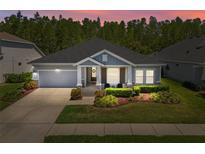 Charming single-story home with a well-manicured lawn and inviting front porch at dusk at 15329 Renaissance Ave, Odessa, FL 33556