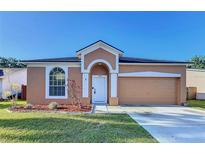 Charming single-story home featuring a well-manicured lawn and attached two-car garage at 11535 Wellman Dr, Riverview, FL 33578