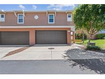 Attached two car garage on townhome with concrete drive and neutral exterior at 1725 Sommarie Way, Tarpon Springs, FL 34689