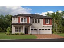 Two-story home showcasing a three-car garage, neutral stucco, and tasteful red-paneled accents at 9652 Runaway Breeze Dr, Land O Lakes, FL 34637