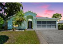 Charming single-story home with a well-maintained lawn, tropical landscaping, and a screened garage at 10321 Ravines Dr, New Port Richey, FL 34654