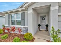 Inviting front entrance with a gray door, decorative wreath, and well-maintained landscaping at 3504 Golden Wheat Ln, Plant City, FL 33565