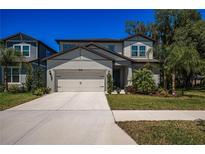 Charming two-story home featuring a two-car garage, well-maintained lawn, and beautiful landscaping at 14146 Samoa Hill Ct, Riverview, FL 33569