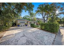 Charming single-story home with mature trees, a blue door, and a unique textured driveway at 785 5Th S St, Safety Harbor, FL 34695