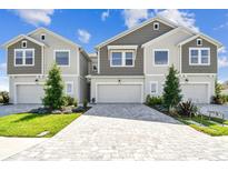 Charming townhouse exteriors showcasing gray and tan color schemes with inviting paved driveways and manicured lawns at 10708 Oak Bend Dr, Parrish, FL 34219