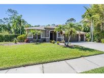 Charming single-story home with a stone-accented facade, lush lawn, and mature landscaping at 12801 Castlemaine Dr, Tampa, FL 33626