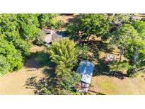 Aerial view highlighting the home nestled among mature trees, outdoor fire pit, shed, and serene surroundings at 27477 Old Trilby Rd, Brooksville, FL 34602