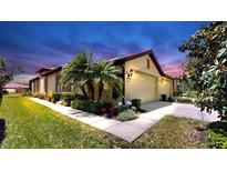 Charming single-story home with a well-manicured lawn, lush landscaping, and a two-car garage at 334 Mystic Falls Dr, Apollo Beach, FL 33572