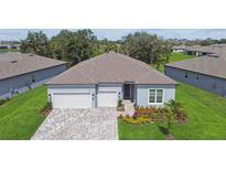 Charming single-Gathering home featuring a two-car garage, inviting entrance, and well-maintained landscaping at 11423 Shoreline Trl, Parrish, FL 34219