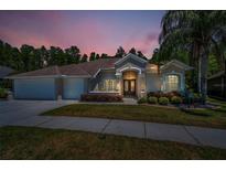 Charming one-story home featuring a manicured lawn, double front door, and attached two-car garage at 15229 Wind Whisper Dr, Odessa, FL 33556