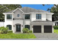 Elegant two-story home featuring stone accents, a gray roof, and a two-car garage with a beautiful lawn at 3910 W San Carlos St, Tampa, FL 33629