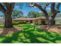 Charming single-story home featuring a well-manicured lawn and mature trees at 785 Hickory Ln, Palm Harbor, FL 34683