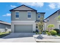 Two-story home with a two-car garage and well-maintained landscaping under a blue sky at 15718 Fort Island Pl, Sun City Center, FL 33573