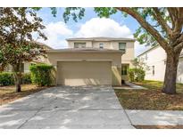 Charming two-story home featuring a two-car garage, manicured landscaping, and a welcoming entrance at 18837 Litzau Ln, Land O Lakes, FL 34638