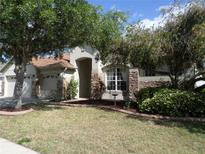 Charming front exterior with stone accents, mature trees, manicured lawn, and two-car garage at 30434 Colehaven Ct, Wesley Chapel, FL 33543
