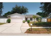 Charming single-story home featuring a stone facade, well-manicured lawn, and a two-car garage at 12815 Tallowood Dr, Riverview, FL 33579