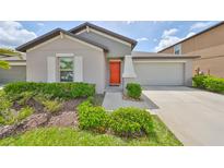 Charming single-story home featuring a well-manicured lawn, tasteful landscaping and an inviting orange front door at 16665 Delia St, Wimauma, FL 33598