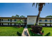 Inviting condo with manicured lawn and mature landscaping. A sidewalk leads to the front entrance of the well-maintained building at 124 Nina Way # 24, Oldsmar, FL 34677