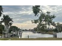 Scenic waterfront view with boat docks and tropical vegetation under a cloudy sky at 21811 Edgewater Dr, Port Charlotte, FL 33952