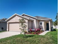 Charming single-story home with a well-manicured lawn, colorful landscaping, and an attached two-car garage at 811 College Leaf Way, Ruskin, FL 33570