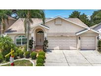 Charming single-story home featuring a well-manicured lawn and attached three car garage at 11216 Longbrooke Dr, Riverview, FL 33579