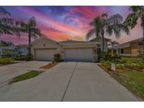 Charming home with a two-car garage, beautiful landscaping, and majestic palm trees at 1216 Lyndhurst Greens Dr, Sun City Center, FL 33573