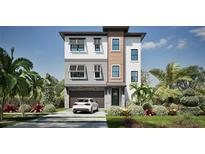 Contemporary three-story home featuring a neutral color palette, wood accents, and a well-manicured lawn at 721 Mandalay Ave, Clearwater Beach, FL 33767