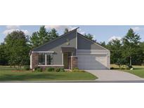 Modern single-Gathering home with stone accents, gray siding, an attached garage, and manicured front lawn at 18452 Serene Lake Loop, Lutz, FL 33548