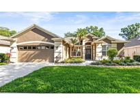 Charming single-story home with a well-manicured lawn, a two-car garage, and lovely landscaping at 3119 Bent Creek Dr, Valrico, FL 33596