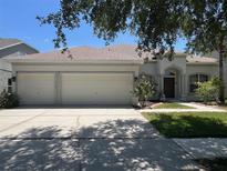 Charming single-story home featuring a three-car garage, manicured lawn, and beautiful landscaping at 11716 Summer Springs Dr, Riverview, FL 33579