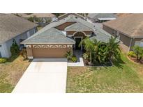 Charming, single-story home boasts a well-manicured lawn, mature landscaping, and an attached two-car garage at 518 Greg St, Valrico, FL 33594