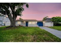 Charming single-story home featuring a well-maintained lawn, blue garage door, and inviting front porch at 250 W Canal Dr, Palm Harbor, FL 34684