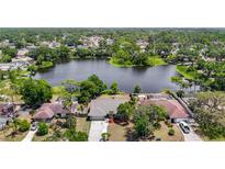 A picturesque aerial view showcases a home near a serene lake surrounded by lush greenery at 3810 Hollister Pl, Brandon, FL 33511