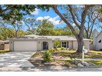 Charming single-story home with a well-manicured lawn, lush trees, and a freshly painted two car garage at 914 Woodland Dr, Palm Harbor, FL 34683