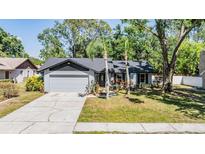 Charming single-story home featuring a gray exterior, well-manicured lawn, and attached two-car garage at 14903 Winterwind Dr, Tampa, FL 33624
