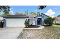 Charming single-story home with blue exterior, landscaped front yard, and attached two-car garage at 28818 Midnight Star Loop, Wesley Chapel, FL 33543