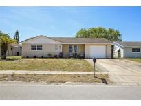 Charming single-story home with a well-manicured lawn, quaint front porch, and attached garage at 6416 Lomand Ave, New Port Richey, FL 34653