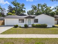 Charming single-story home featuring a white brick facade, well-maintained lawn, and complementary black trim accents at 17815 Cranbrook Dr, Lutz, FL 33549