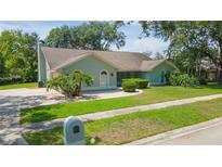 Inviting single-story home with lush green lawn, mature trees, and manicured bushes at 2505 Buckhorn Run Dr, Valrico, FL 33596