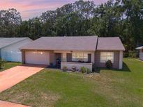 Charming single-story home featuring a well-manicured lawn, neutral toned exterior, and an attached two-car garage at 1144 Lanyard St, Palm Harbor, FL 34685
