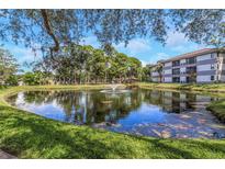 Scenic view of pond with fountain surrounded by lush greenery and complex building in the background at 2650 Countryside Blvd # A104, Clearwater, FL 33761