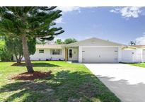 Charming single-story home with a well-manicured lawn and a quaint, inviting front porch at 512 Flamingo Dr, Apollo Beach, FL 33572
