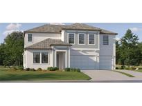 New construction two-story home featuring an attached three car garage and manicured lawn at 9645 Runaway Breeze Dr, Land O Lakes, FL 34637
