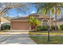 Charming single-story home featuring a well-manicured lawn, mature trees, and an attached two-car garage at 11808 Lancashire Dr, Tampa, FL 33626