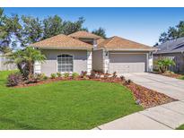 Charming home featuring a well-manicured lawn and beautiful landscaping, with a neutral exterior and attached garage at 1517 Little Brook Ln, Brandon, FL 33511